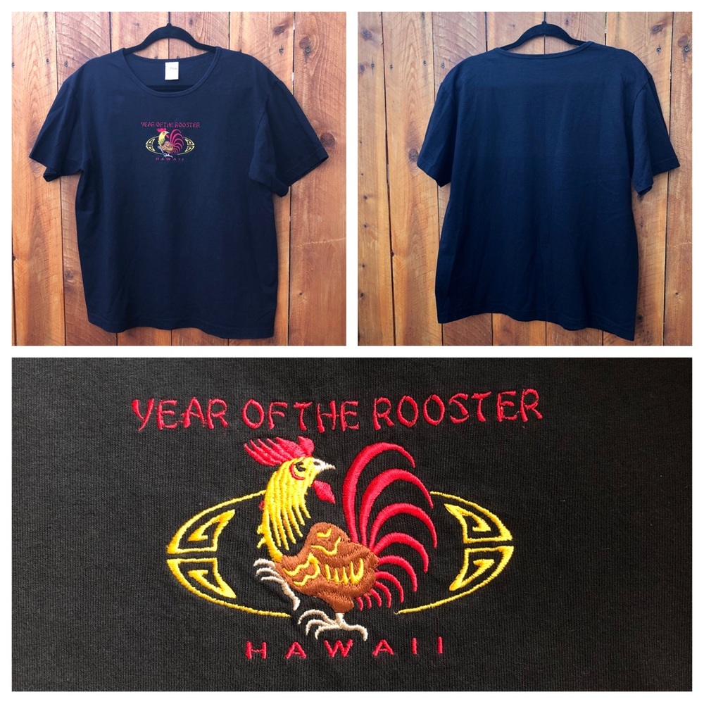 Embroidered Year of the Rooster Hawaii Shirt - Large Pre-Shrunk Black